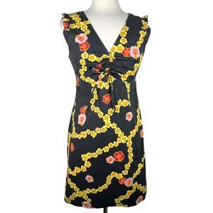 NWOT Girl Star Cinch Front Floral Dress S Black Yellow Ruffle Sleeveless Summer